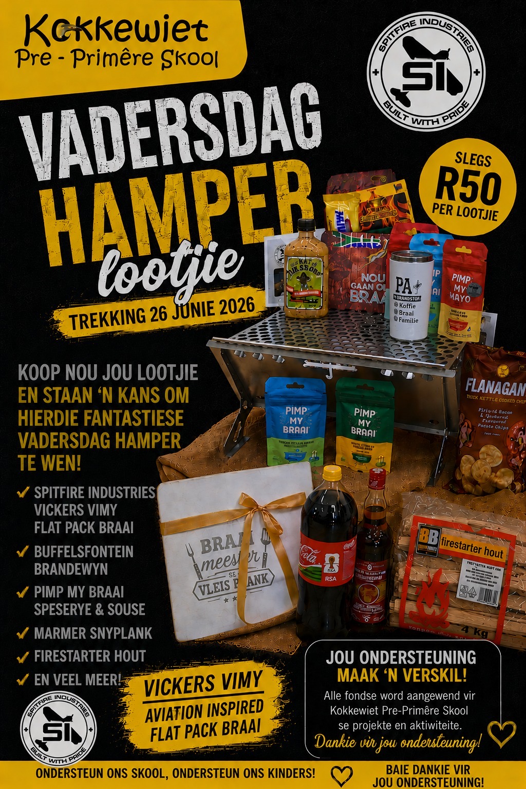 Vadersdag hamper met Vickers Vimy flat-pack braai, brandewyn, Pimp My Braai produkte en meer